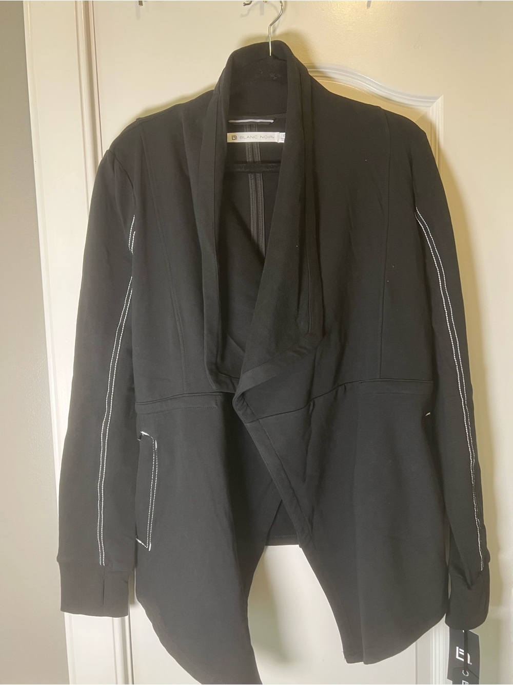 blanc noir Black Draped Open-Front Blazer with White Stitching Accents